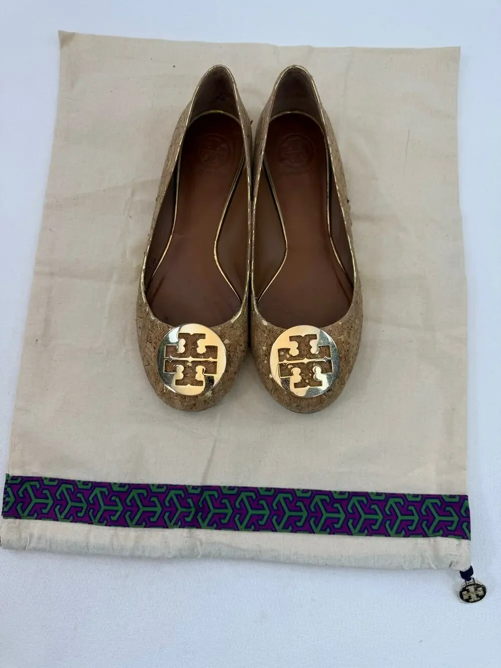 Tory Burch Gold Cork Ballet Flats Reva Logo Medallion Size 8.5M